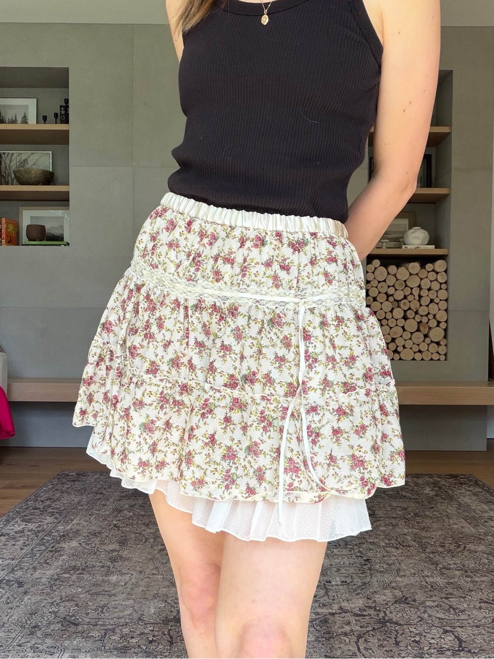 Vintage Japanese Tiered Mini Skirt Cream with Pink Floral coquette small medium